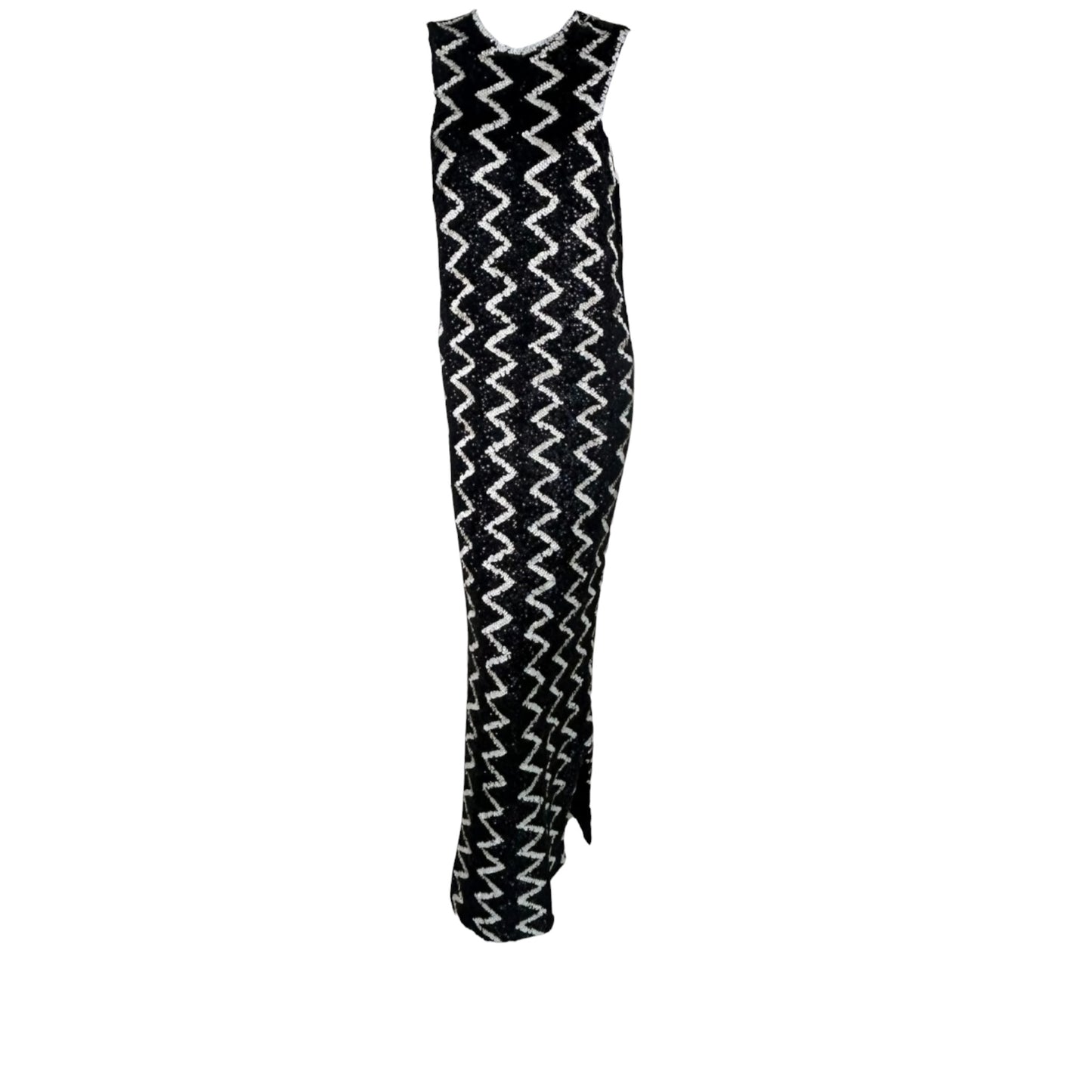 1960s Chez Royale Black & White Sequin Zig-Zag Evening Gown - Hong Kong Couture