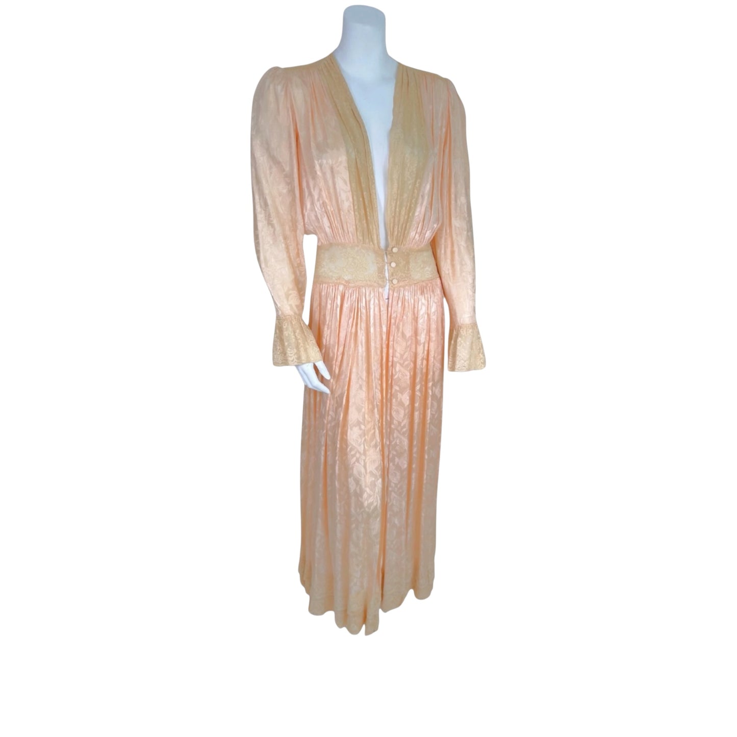 Vintage 1930s Blush Pink Satin Peignoir Robe with Ivory Lace Trim