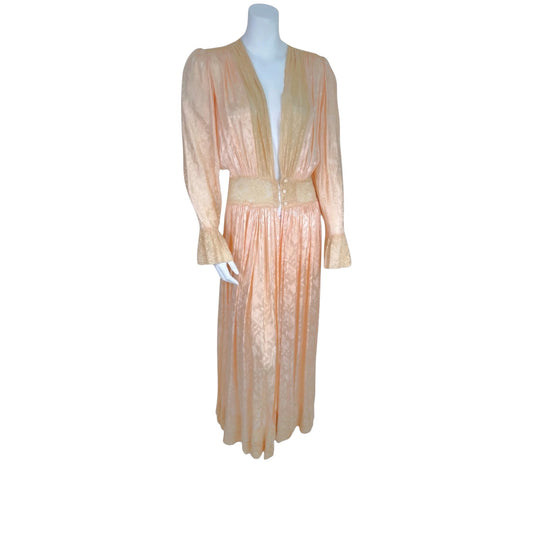 Vintage 1930s Blush Pink Satin Peignoir Robe with Ivory Lace Trim