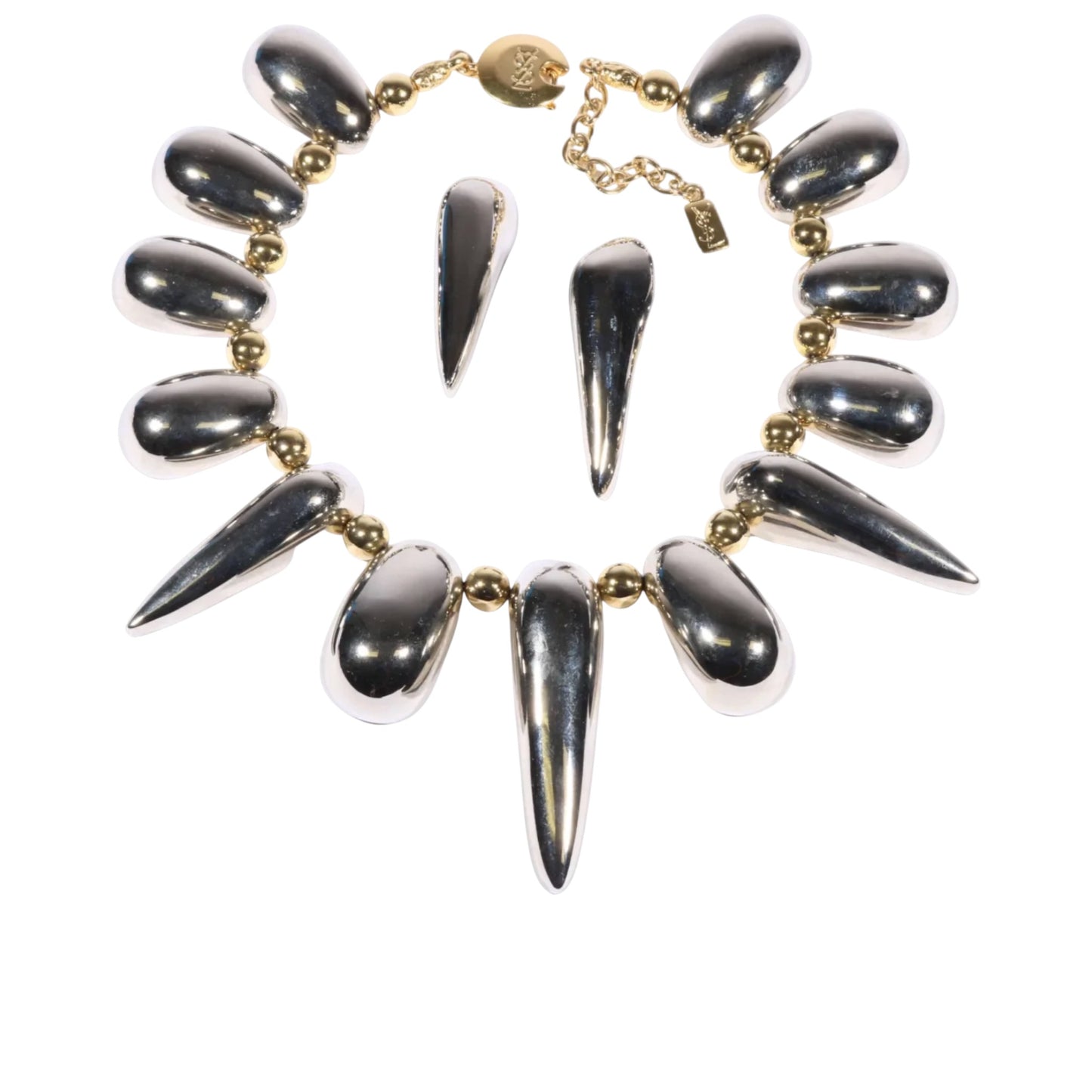 Vintage Yves Saint Laurent YSL Chrome Spike Statement Necklace & Earrings Set, Late 1980s-Early 1990s Runway/Editorial Style