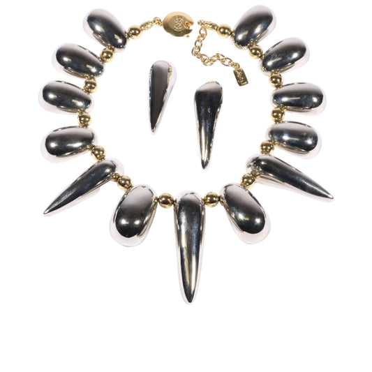 Vintage Yves Saint Laurent YSL Chrome Spike Statement Necklace & Earrings Set, Late 1980s-Early 1990s Runway/Editorial Style