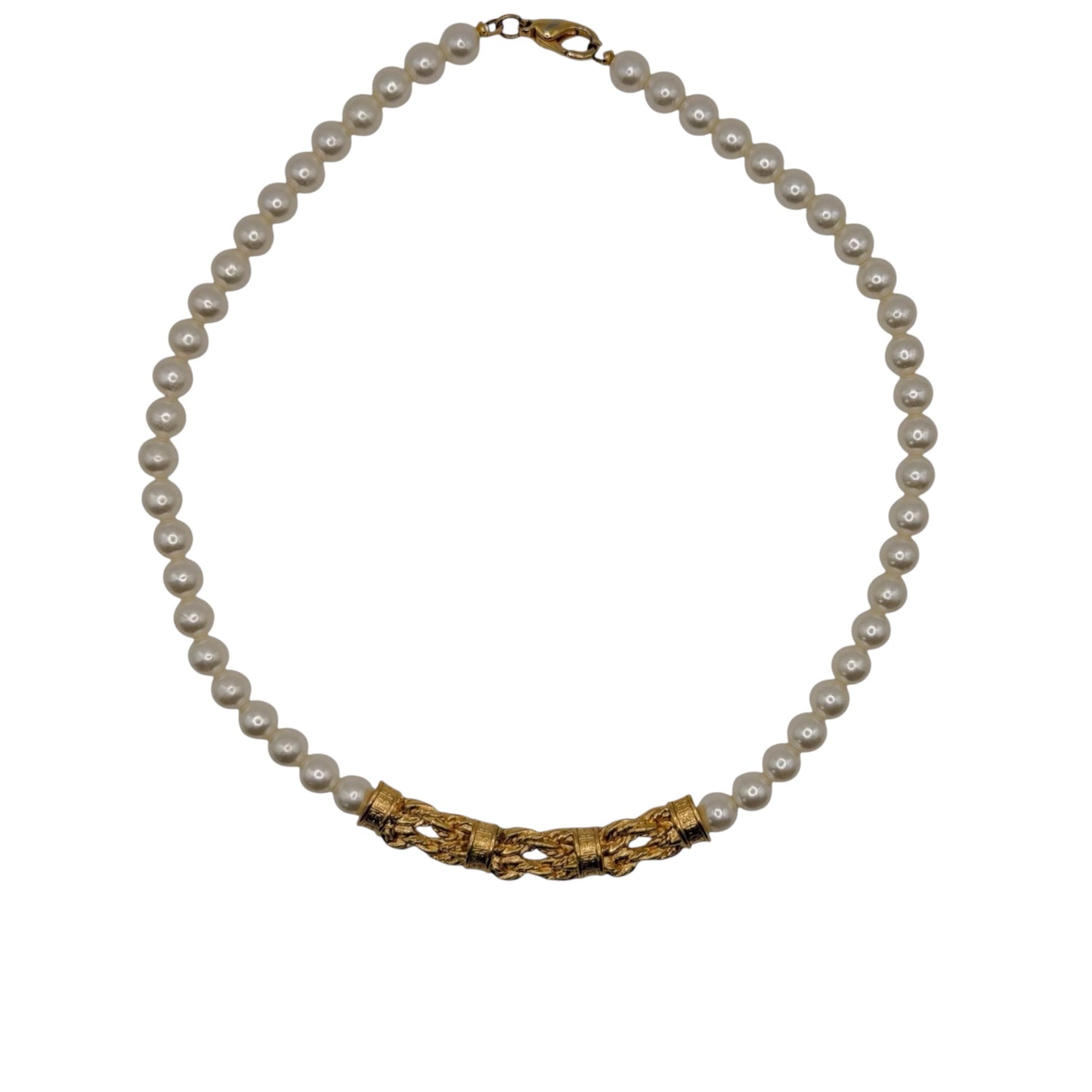 Vintage Givenchy 1980s Faux Pearl Strand Necklace with Signature Textured Gold Center Bar