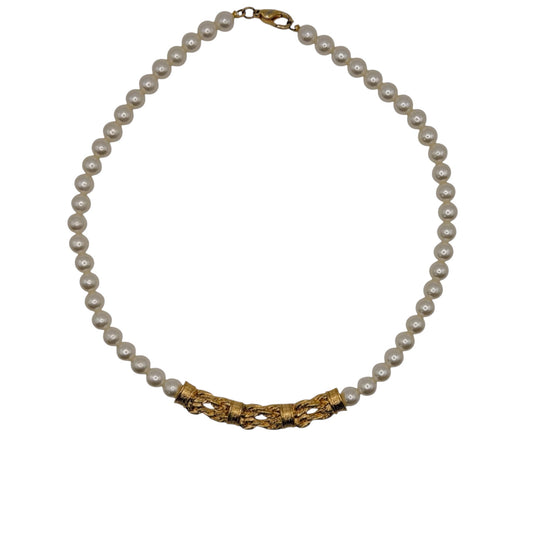 Vintage Givenchy 1980s Faux Pearl Strand Necklace with Signature Textured Gold Center Bar
