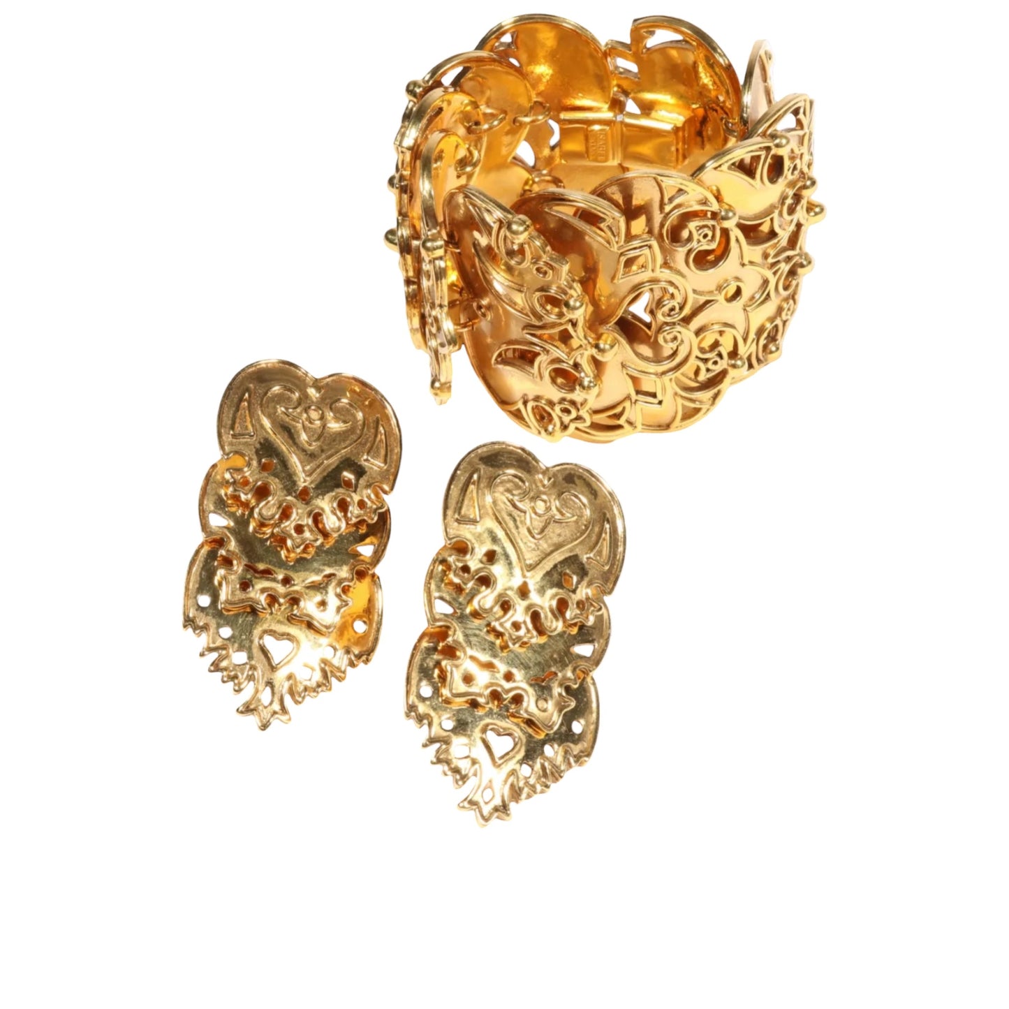 Vintage Isabel Canovas Gilt Metal Panel Bracelet & Matching Statement Earrings Set, Runway Style 1980s French Designer Jewelry