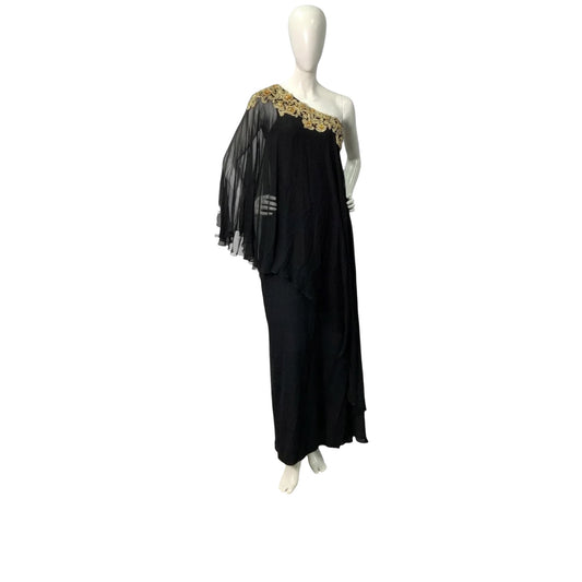 Marchesa Black Silk Chiffon One-Shoulder Gown with Gold Embroidered Crystal Appliqué (c. 2009-2011)
