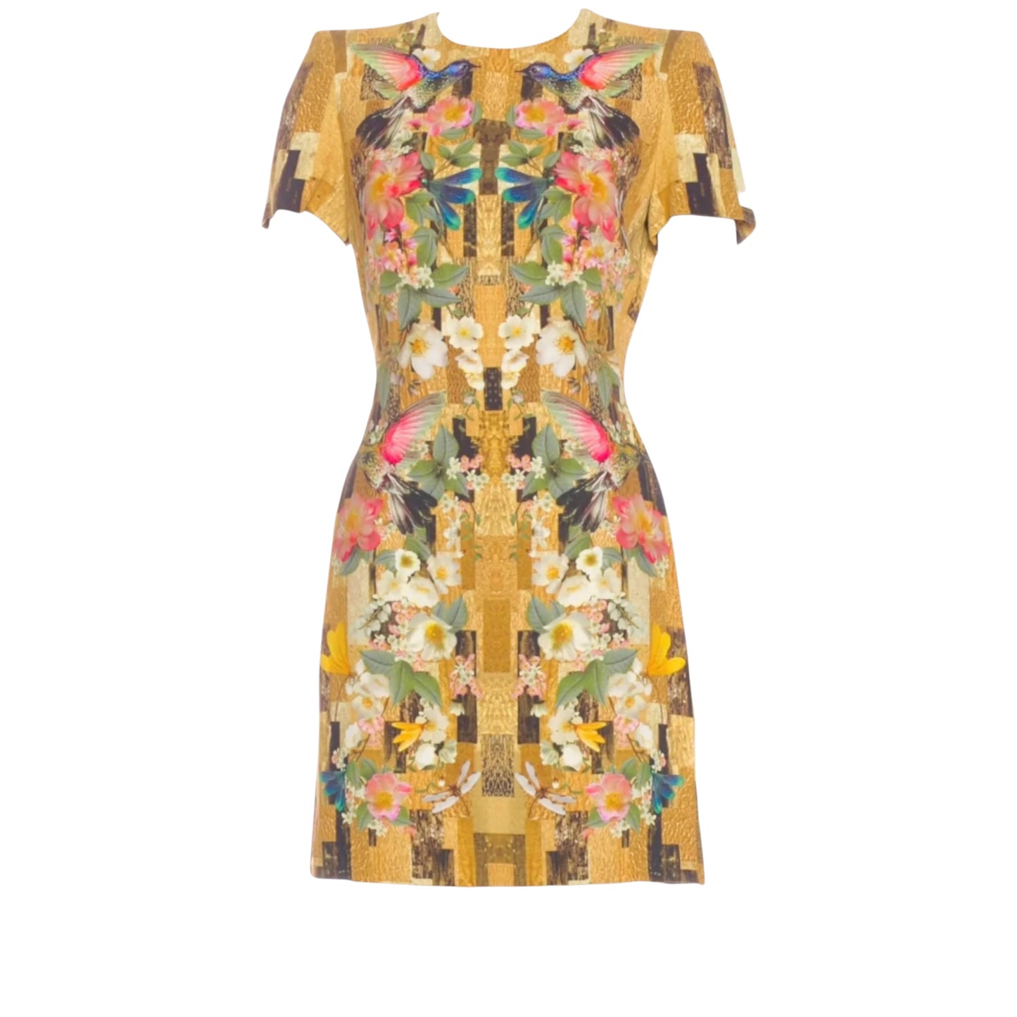 Alexander McQueen Gold Floral Hummingbird Print Sheath Dress IT 42 Silk Blend Mini Dress