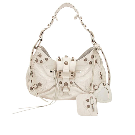 Balenciaga White Croc Embossed Le Cagole Medium Shoulder Bag with Mirror Charm & Mini Pouch