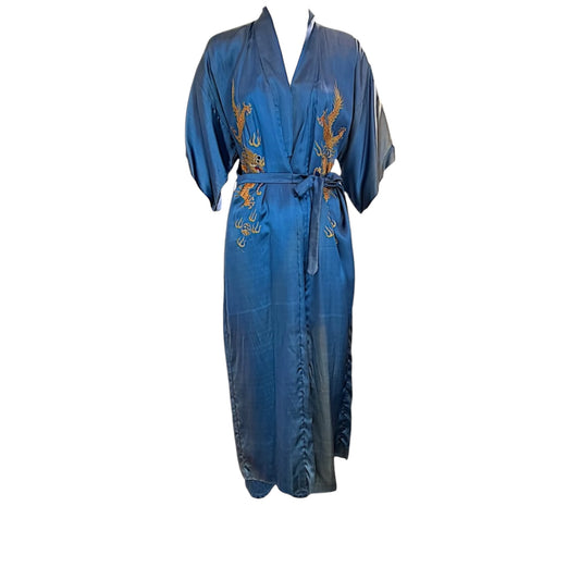 1940s Hand-Embroidered Dragon Silk Robe | Blue & Pink Double Lined Orientalist Lounge Coat