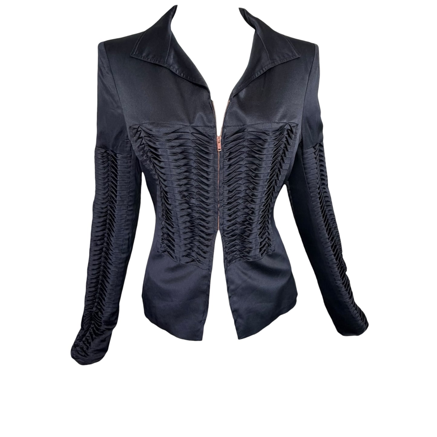 Gucci by Tom Ford Vintage S/S 2004 Runway Black Silk Pleated Zip-Front Jacket | Look 17