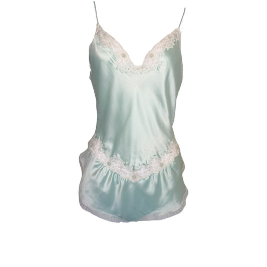 Vintage Christian Dior Paris Mint Green Lace Trim Satin Tap Shorts Romper NWT Size Small
