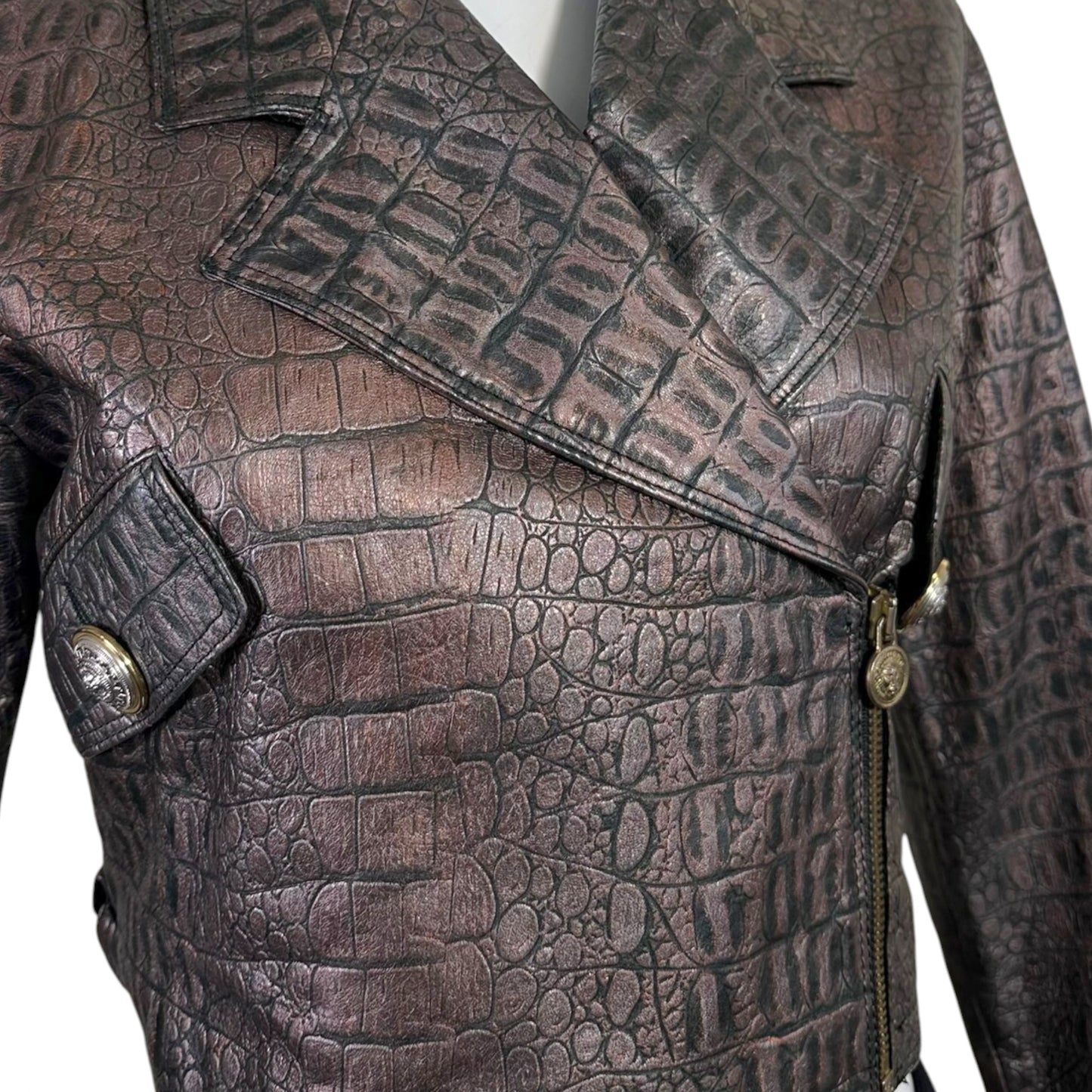 1990s Versace Sport Brown Embossed Croc Leather Moto Jacket IT 40