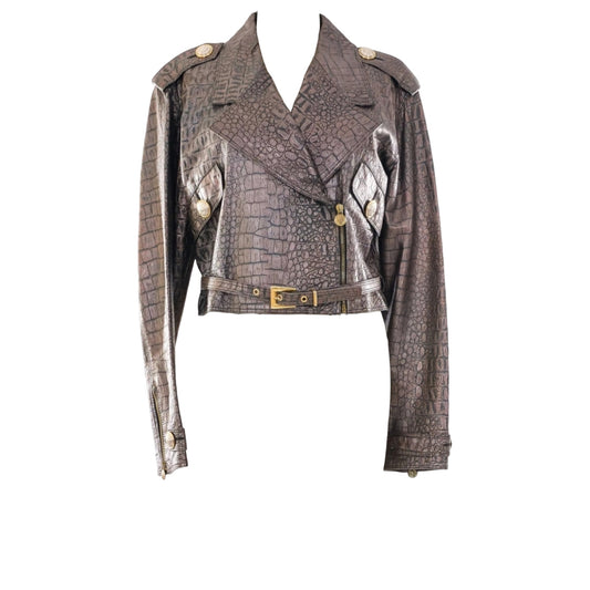 1990s Versace Sport Brown Embossed Croc Leather Moto Jacket IT 40