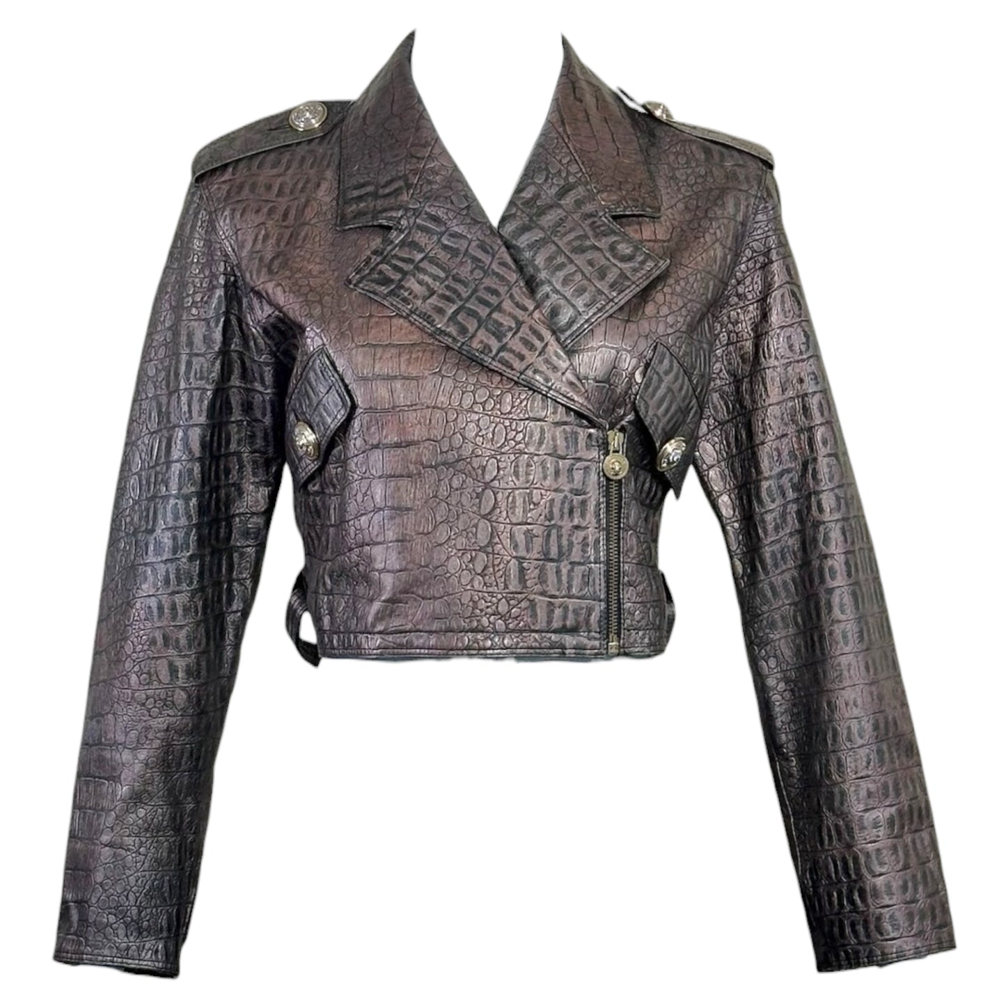 1990s Versace Sport Brown Embossed Croc Leather Moto Jacket IT 40