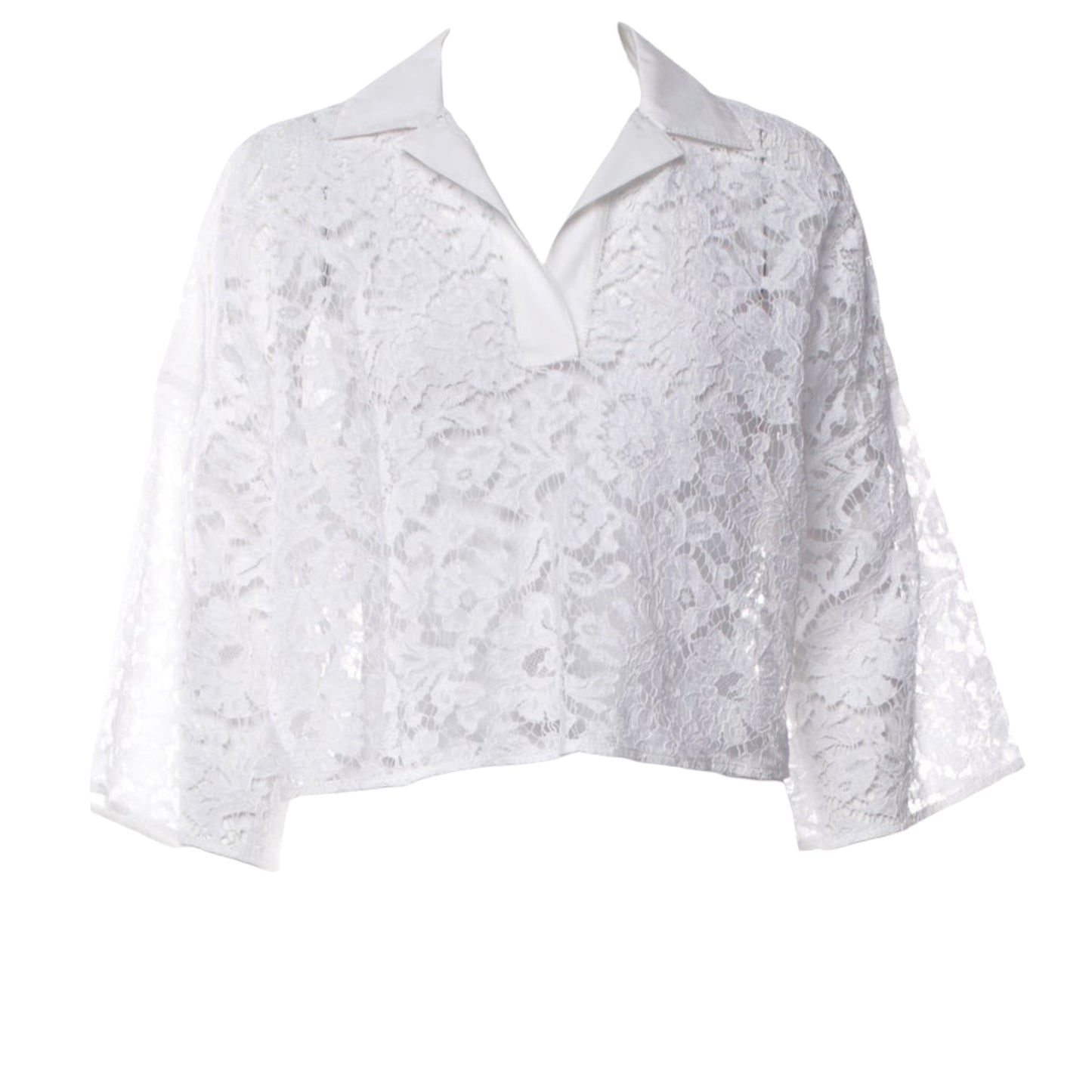 Valentino White Floral Lace Cropped Blouse IT 38 | Sheer Lace & Cotton Oversized Top