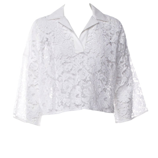 Valentino White Floral Lace Cropped Blouse IT 38 | Sheer Lace & Cotton Oversized Top