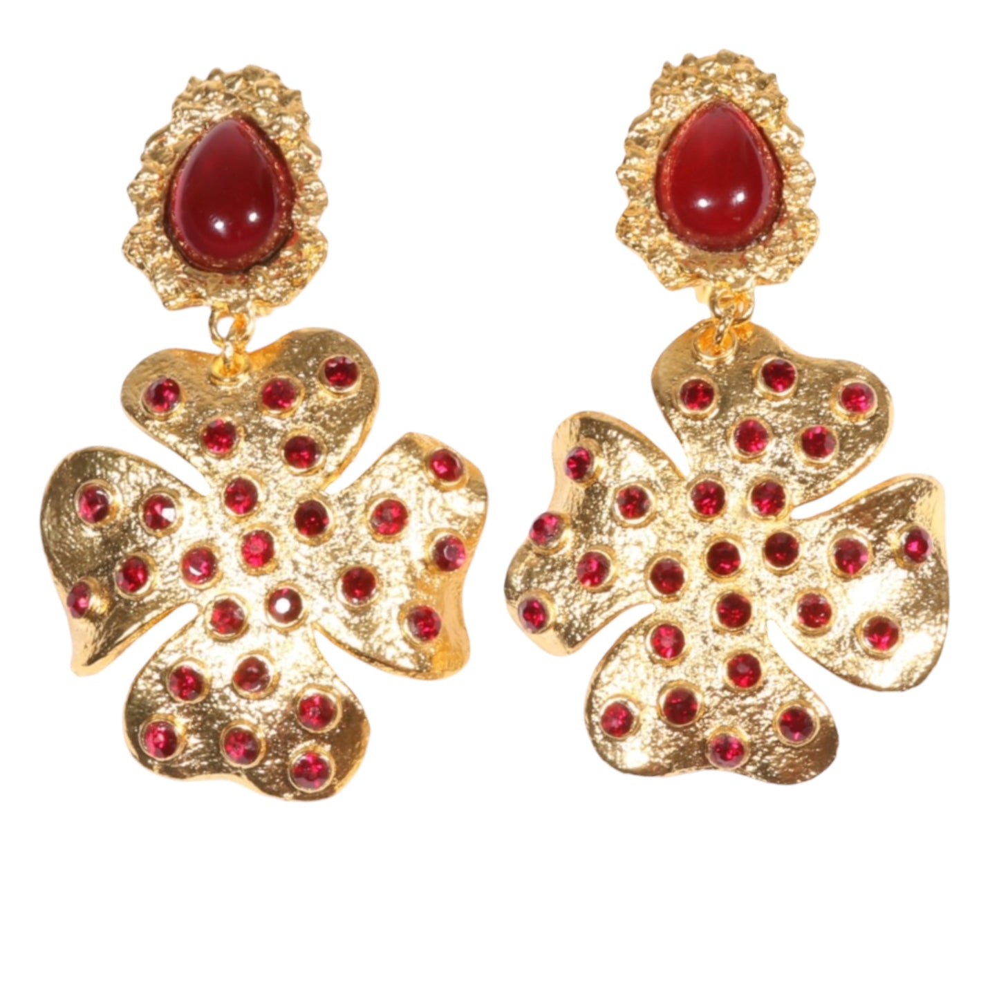 Vintage Hanna Bernhard Paris Red Art Glass & Ruby Crystal Floral Drop Clip-On Earrings