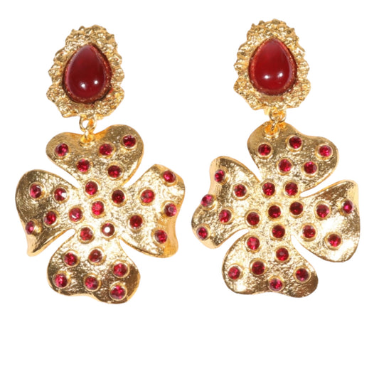 Vintage Hanna Bernhard Paris Red Art Glass & Ruby Crystal Floral Drop Clip-On Earrings
