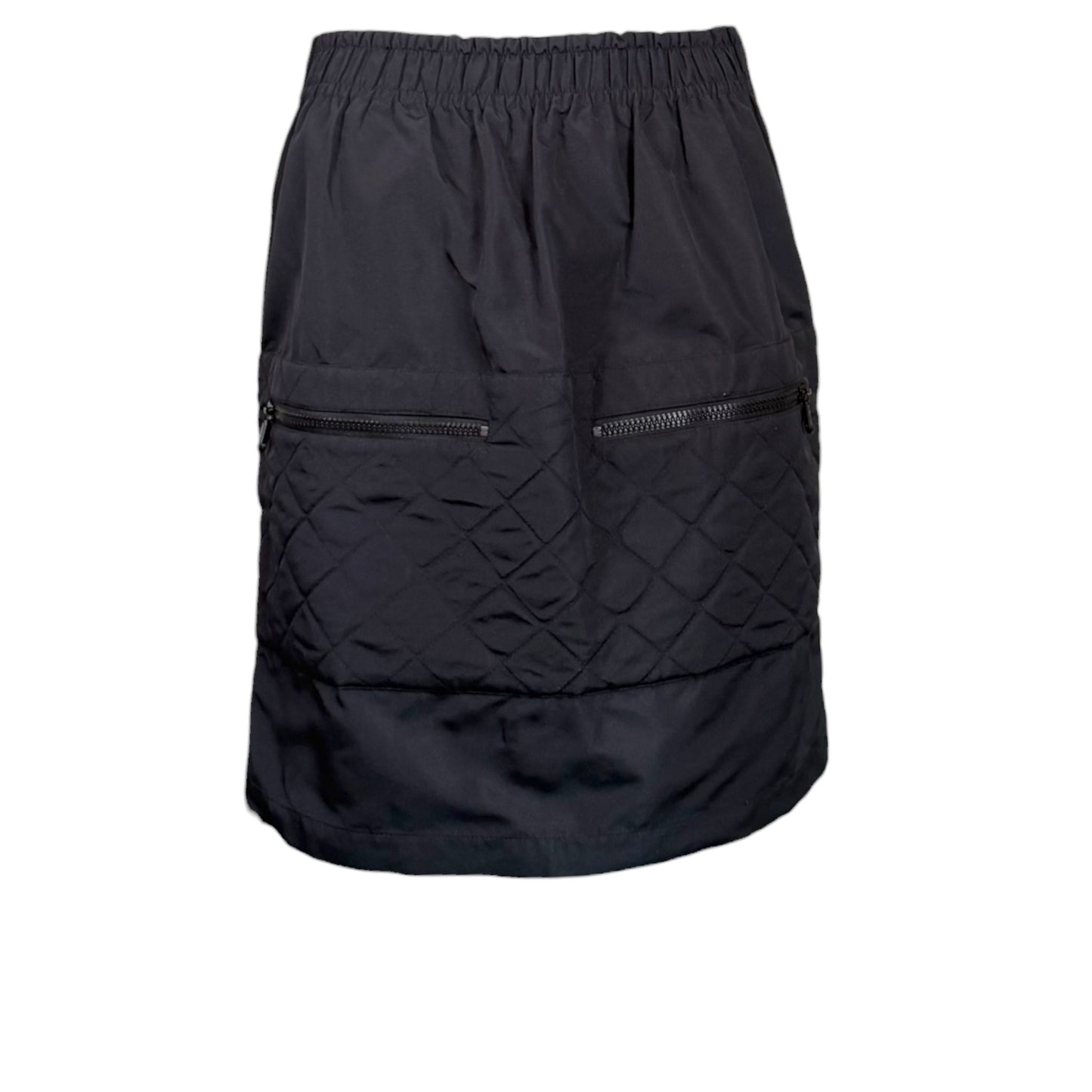 Chanel F/W 1994 Runway Black Silk Quilted Utility Skirt with CC Logo Tabs Sz 38