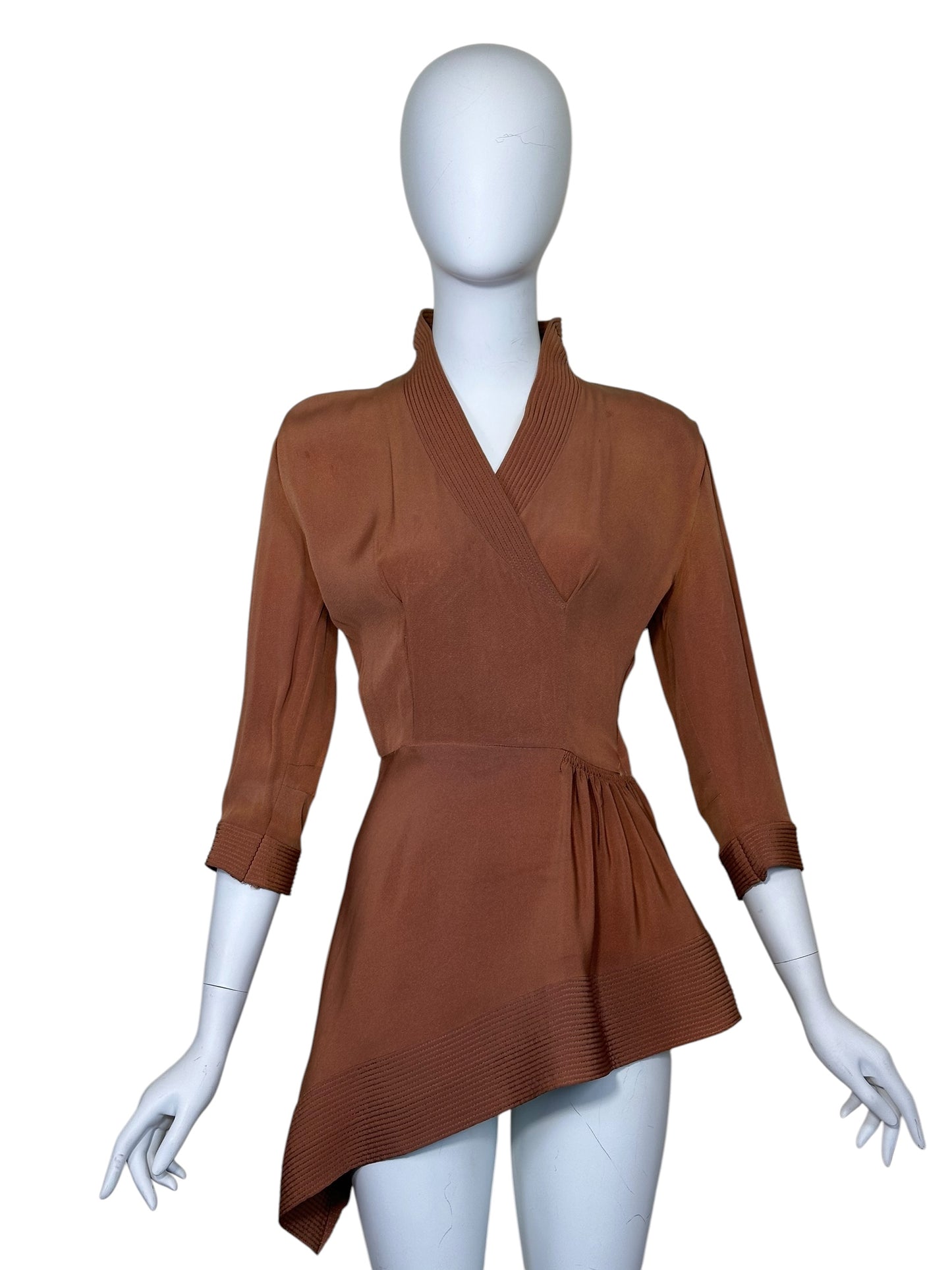 1940s Dusty Terracotta Rayon Crepe Asymmetrical Peplum Blouse | Size Small
