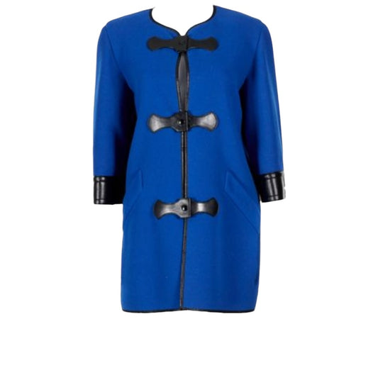 Vintage 1960s Pierre Cardin Paris Cobalt Blue Wool Felt Mod Coat with Black Vinyl Trim | Made in France