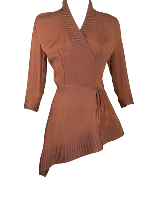 1940s Dusty Terracotta Rayon Crepe Asymmetrical Peplum Blouse | Size Small