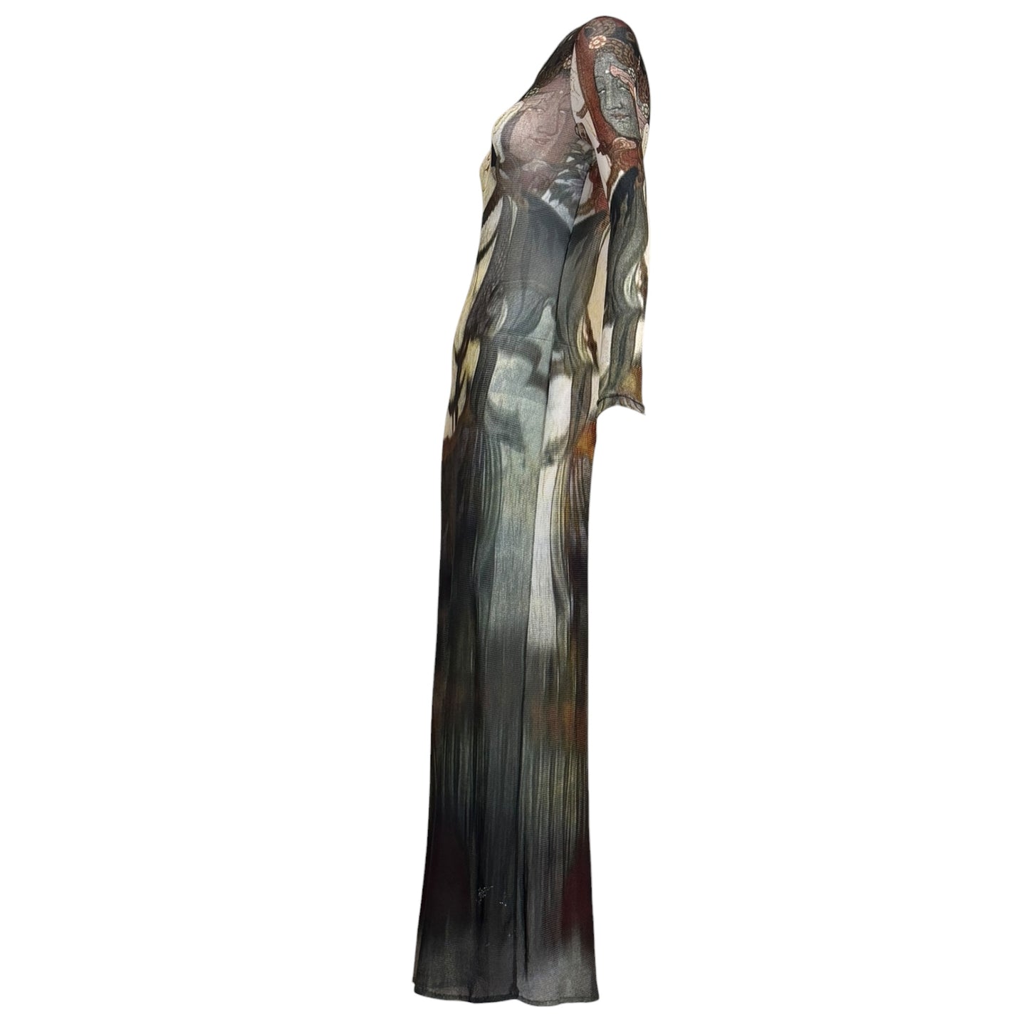 Vivienne Tam Spring 1997 Runway Buddha Print Sheer Mesh Maxi Dress | Size 2