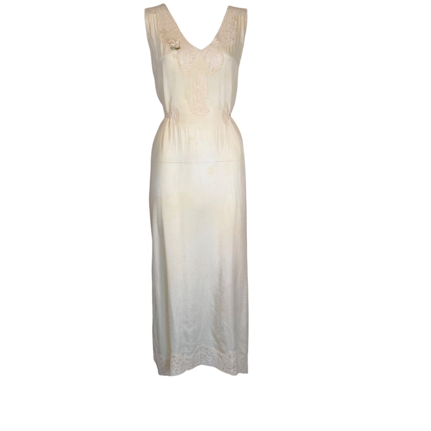 Vintage 1930s Ivory Silk & Lace Boudoir Slip Dress with Ribbonwork Floral Detail