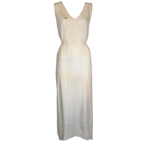 Vintage 1930s Ivory Silk & Lace Boudoir Slip Dress with Ribbonwork Floral Detail