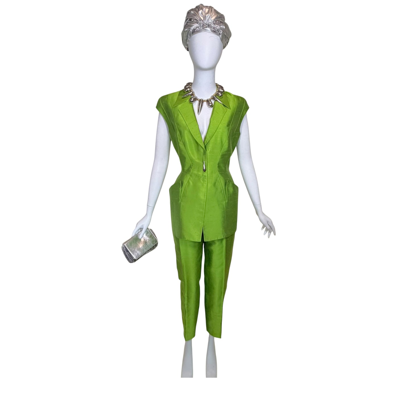 Vintage Thierry Mugler 1990s Lime Green Silk Architectural Vest & Pant Set - Size 44