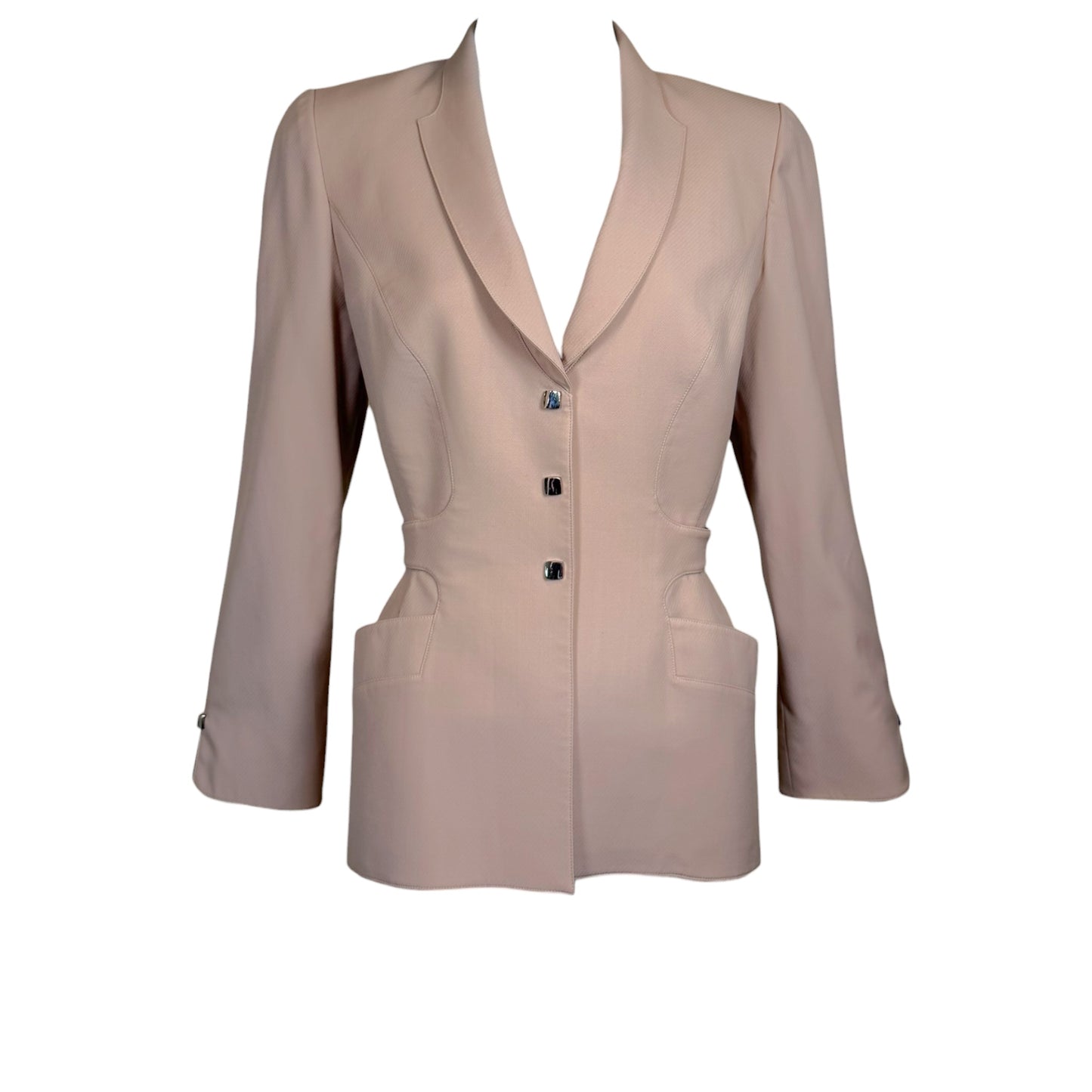 Vintage Thierry Mugler Late 1990s Taupe Wool Sculpted Blazer with Silver Buttons - Size 40