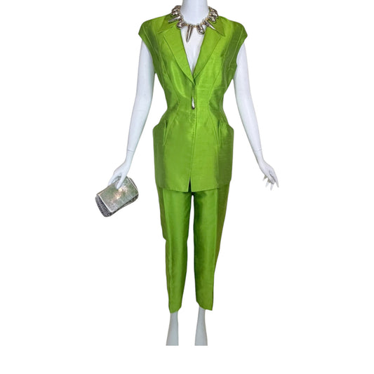 Vintage Thierry Mugler 1990s Lime Green Silk Architectural Vest & Pant Set - Size 44