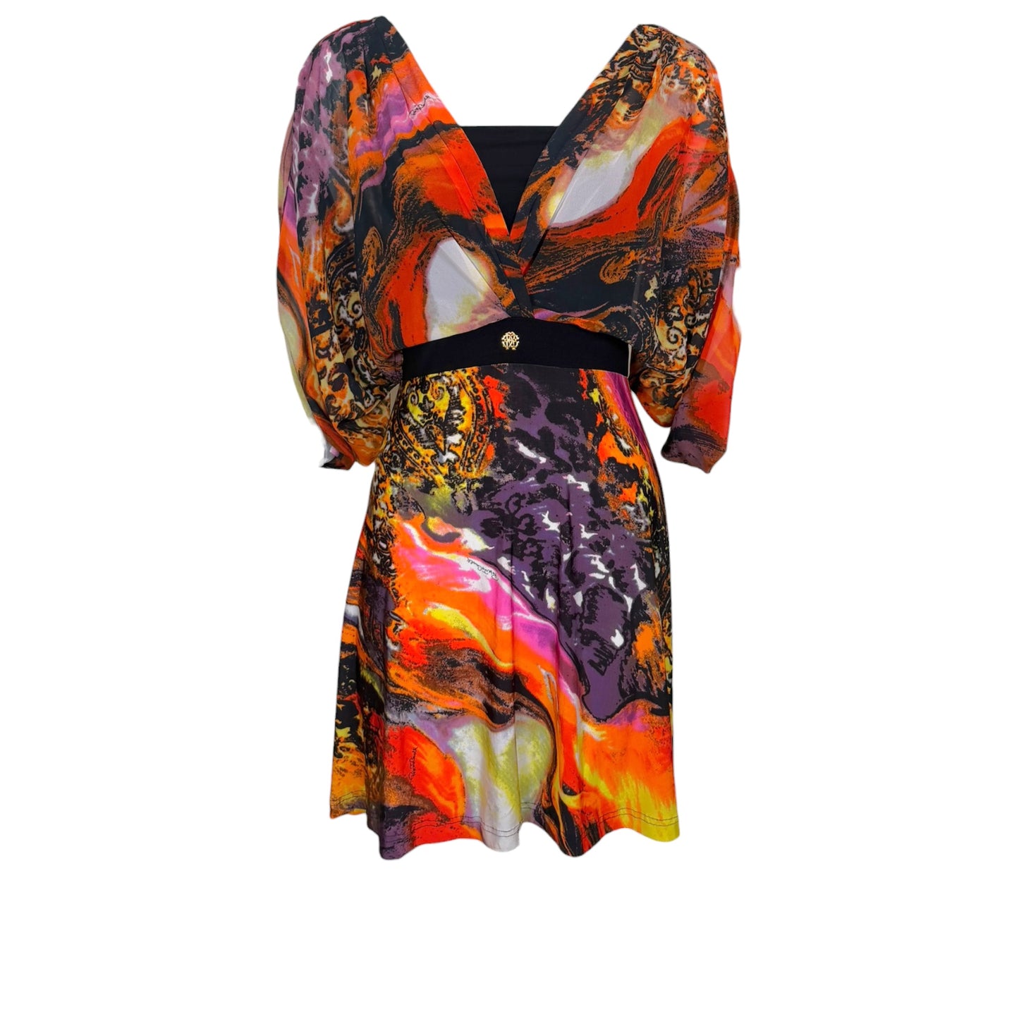 Roberto Cavalli Late 2000s Multicolor Abstract Animal Print Kimono Sleeve Dress – Size Medium