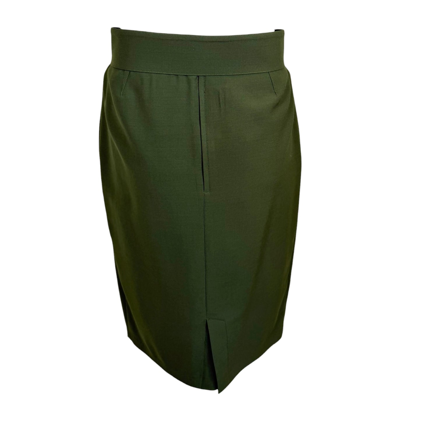 Vintage 1980s Thierry Mugler Forest Green Pencil Skirt with Sculptural Silver Buckle Belt