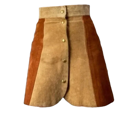 Vintage 1970s Brown Color Block Suede Snap-Front Mini Skirt