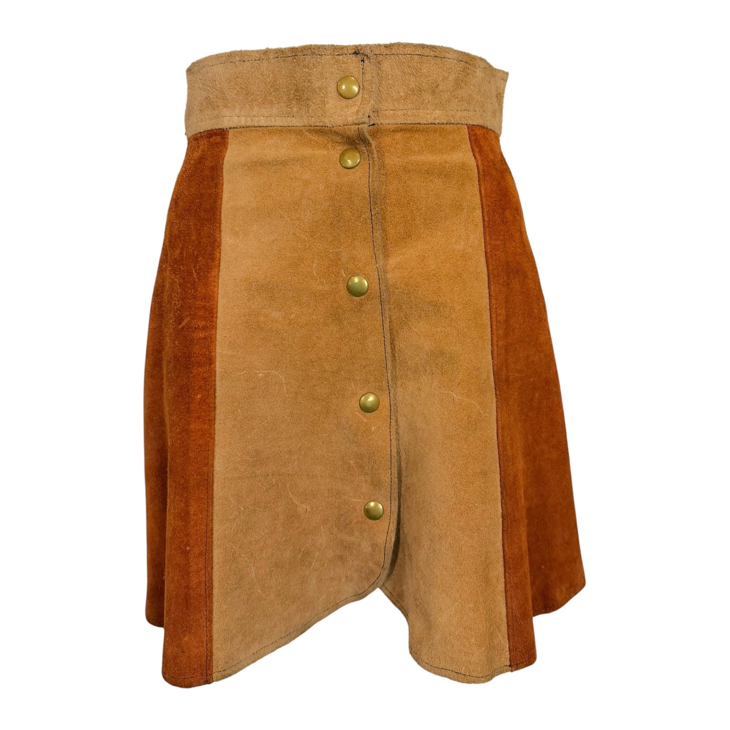 Vintage 1970s Brown Color Block Suede Snap-Front Mini Skirt
