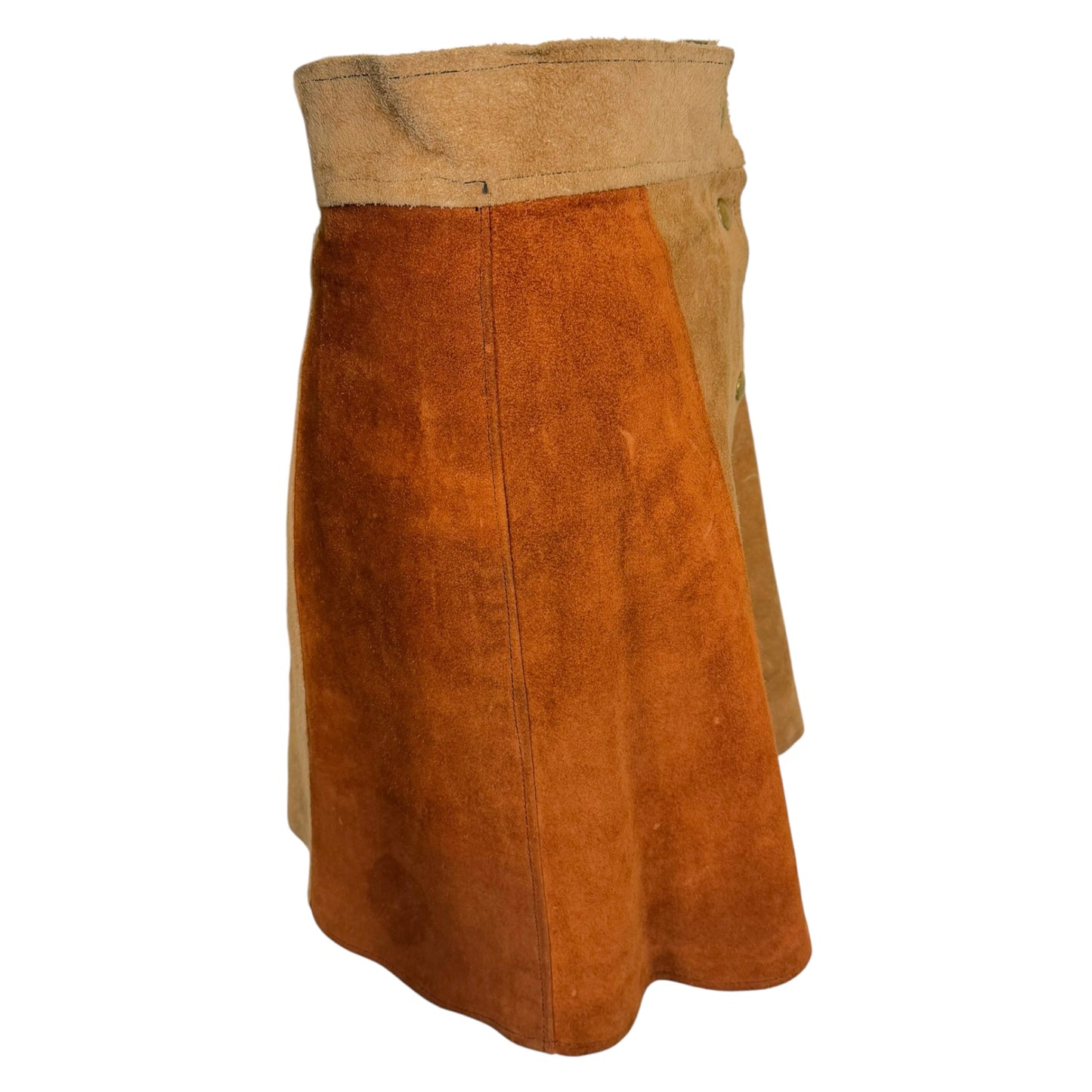 Vintage 1970s Brown Color Block Suede Snap-Front Mini Skirt