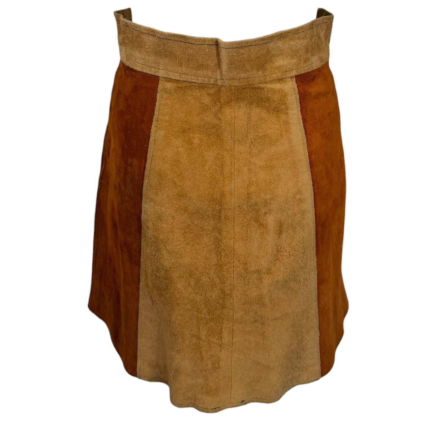 Vintage 1970s Brown Color Block Suede Snap-Front Mini Skirt