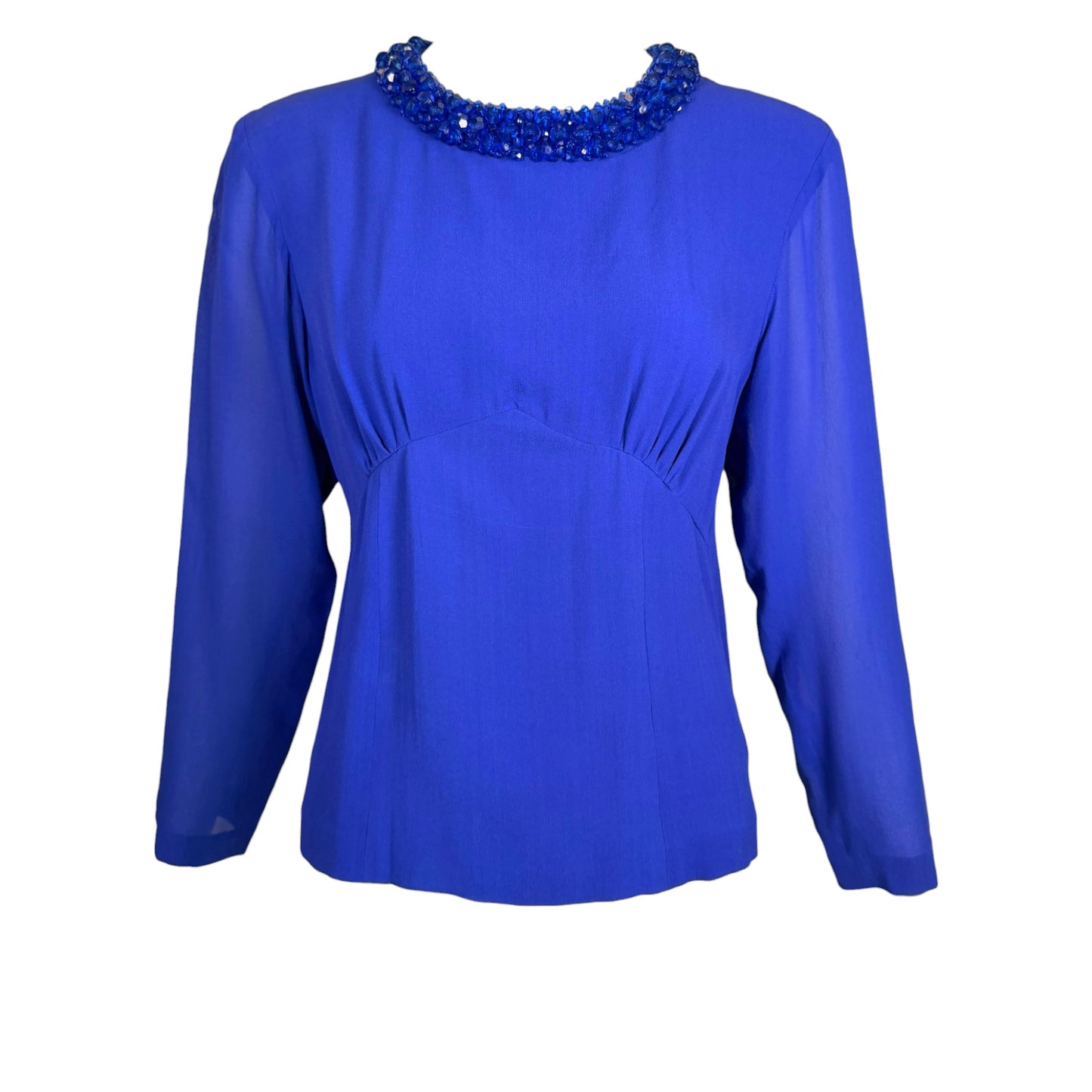 Vintage Dries Van Noten Royal Blue Beaded Silk Long-Sleeve Blouse Size 40