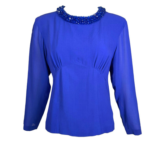 Vintage Dries Van Noten Royal Blue Beaded Silk Long-Sleeve Blouse Size 40
