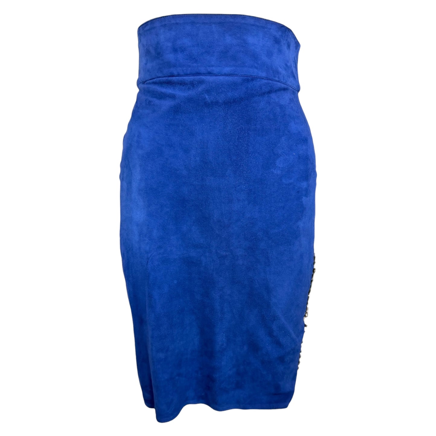 Claude Montana Pour Ideal Cuir 1980s Electric Blue Suede Rhinestone Skirt Suit Set FR 36