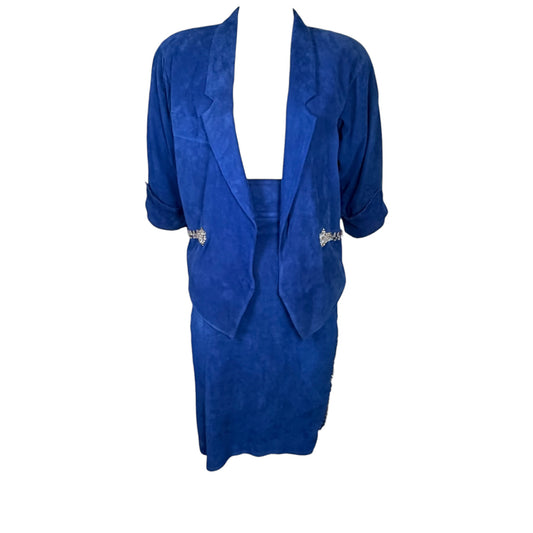Claude Montana Pour Ideal Cuir 1980s electric blue suede rhinestone skirt suit set, size FR 36, jacket front view