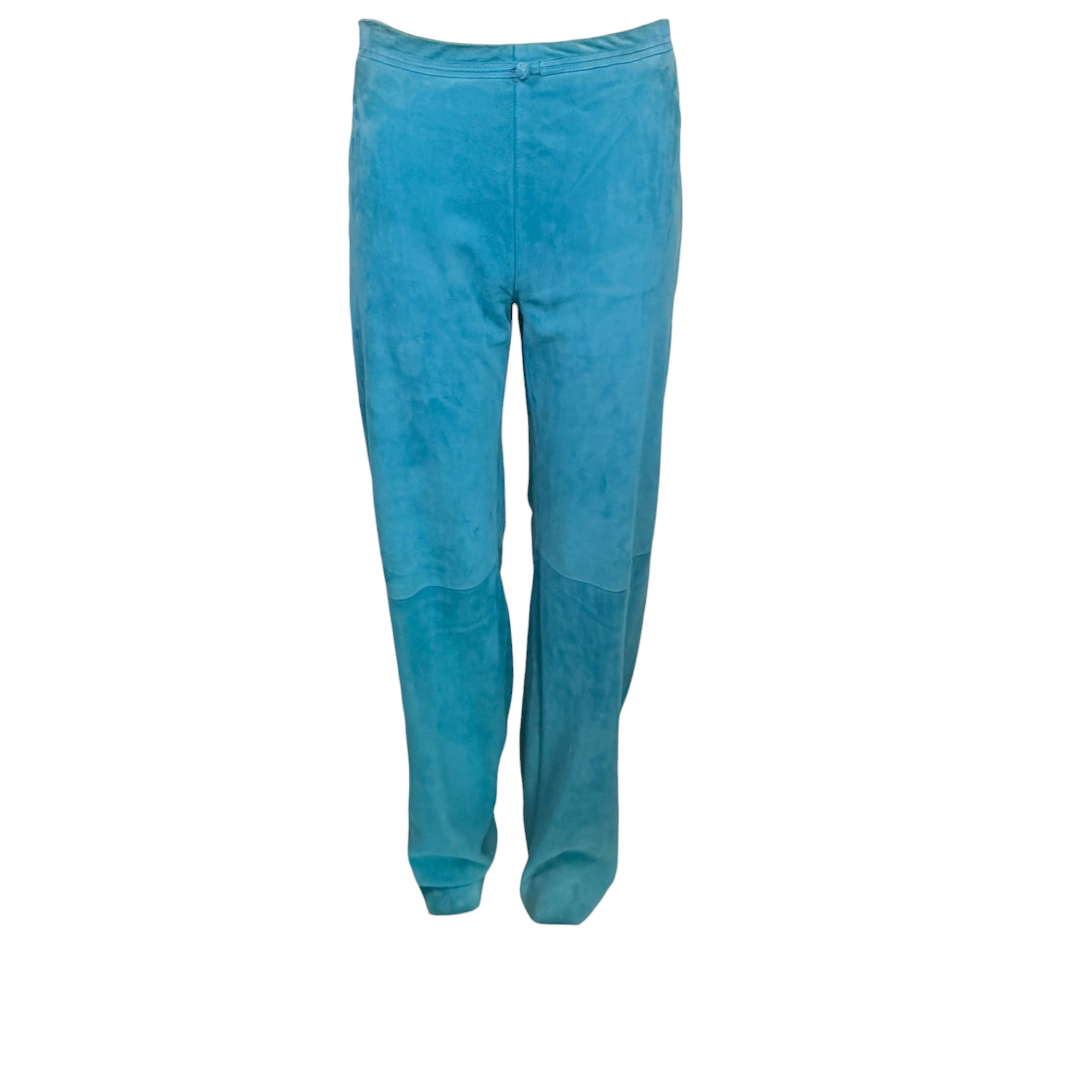 Vintage Giuliana Teso turquoise suede leather pants, made in Italy, front view