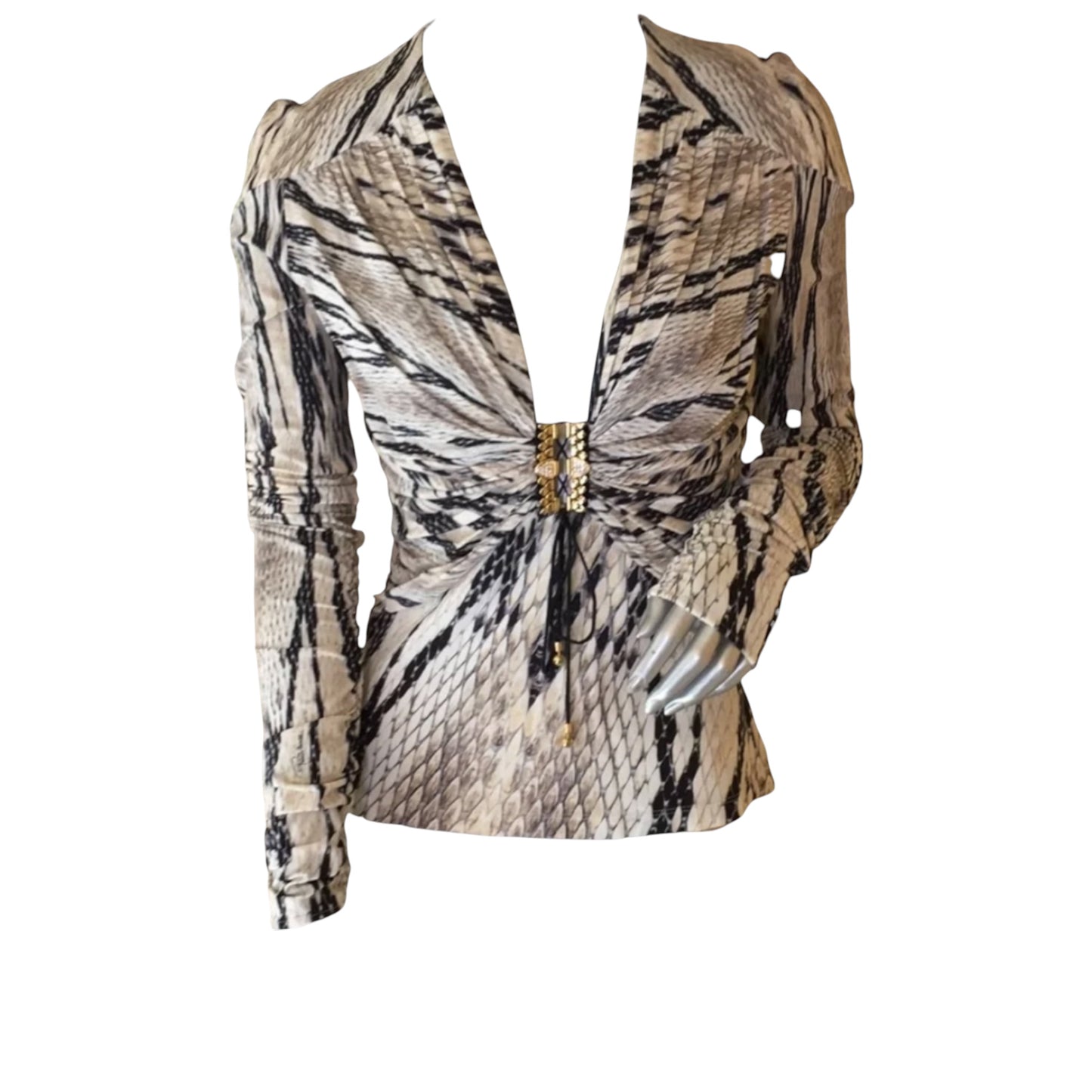 Roberto Cavalli 2000s Snake Print Plunge Top with Rhinestone Hardware | Size 46