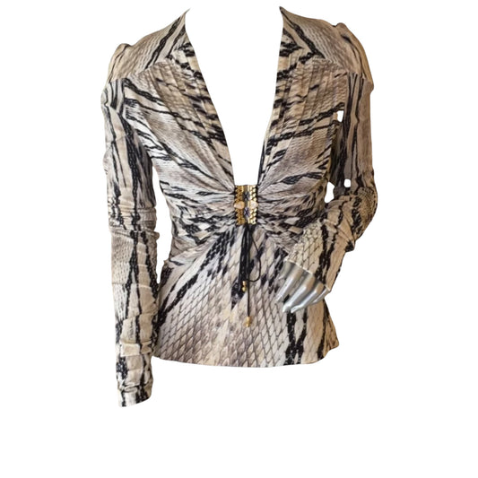 Roberto Cavalli 2000s Snake Print Plunge Top with Rhinestone Hardware | Size 46