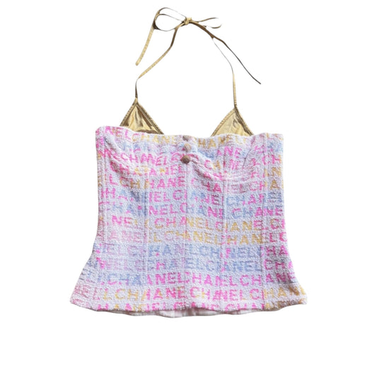 Chanel Cruise 2024 Color Letter Tweed Corset Top with Gold Halter Bikini Insert Size 36
