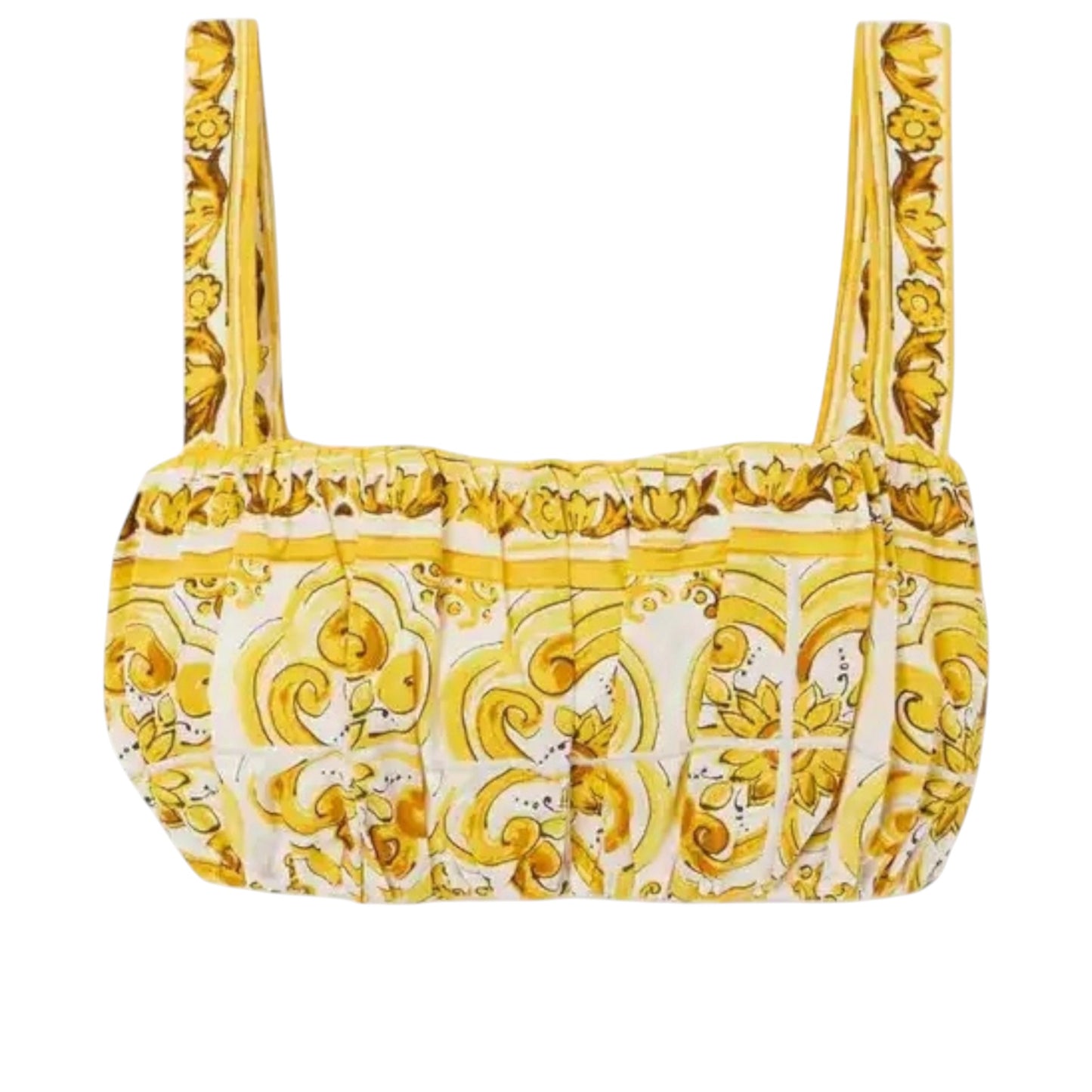 Dolce & Gabbana Yellow Maiolica Print Cotton Poplin Pleated Corset Crop Top Size 46