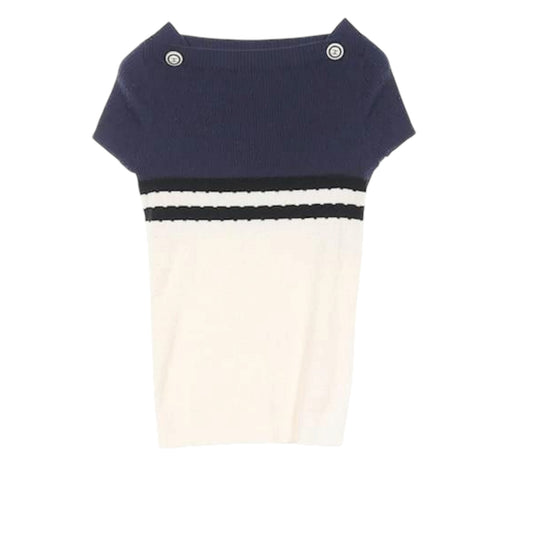 Chanel Navy & White Ribbed Cotton Silk Short Sleeve Knit Top with CC Button Straps – Size 38