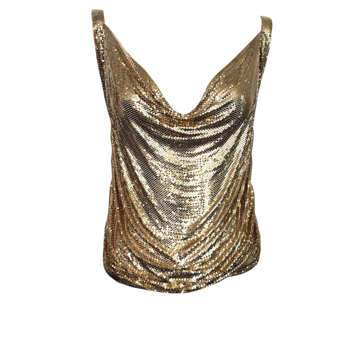 1970s Whiting & Davis Gold Mesh Draped Cowl Neck Sleeveless Top Small
