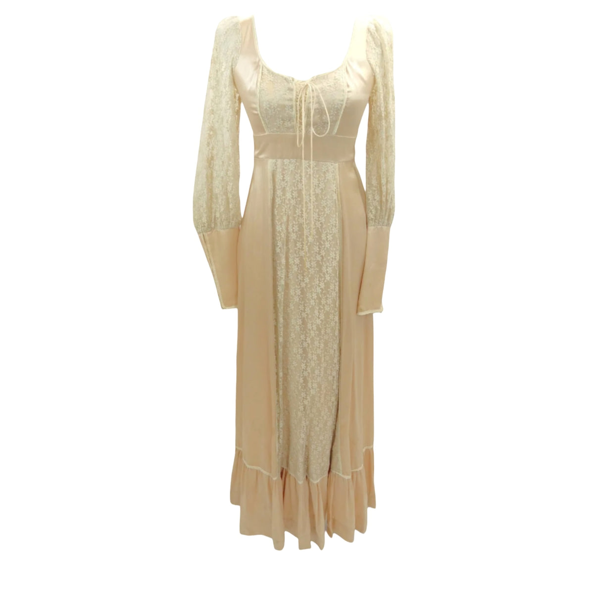 1970s Gunne Sax By Jessica McClintock Nude Satin & Lace Prairie Dress Sz XS-S