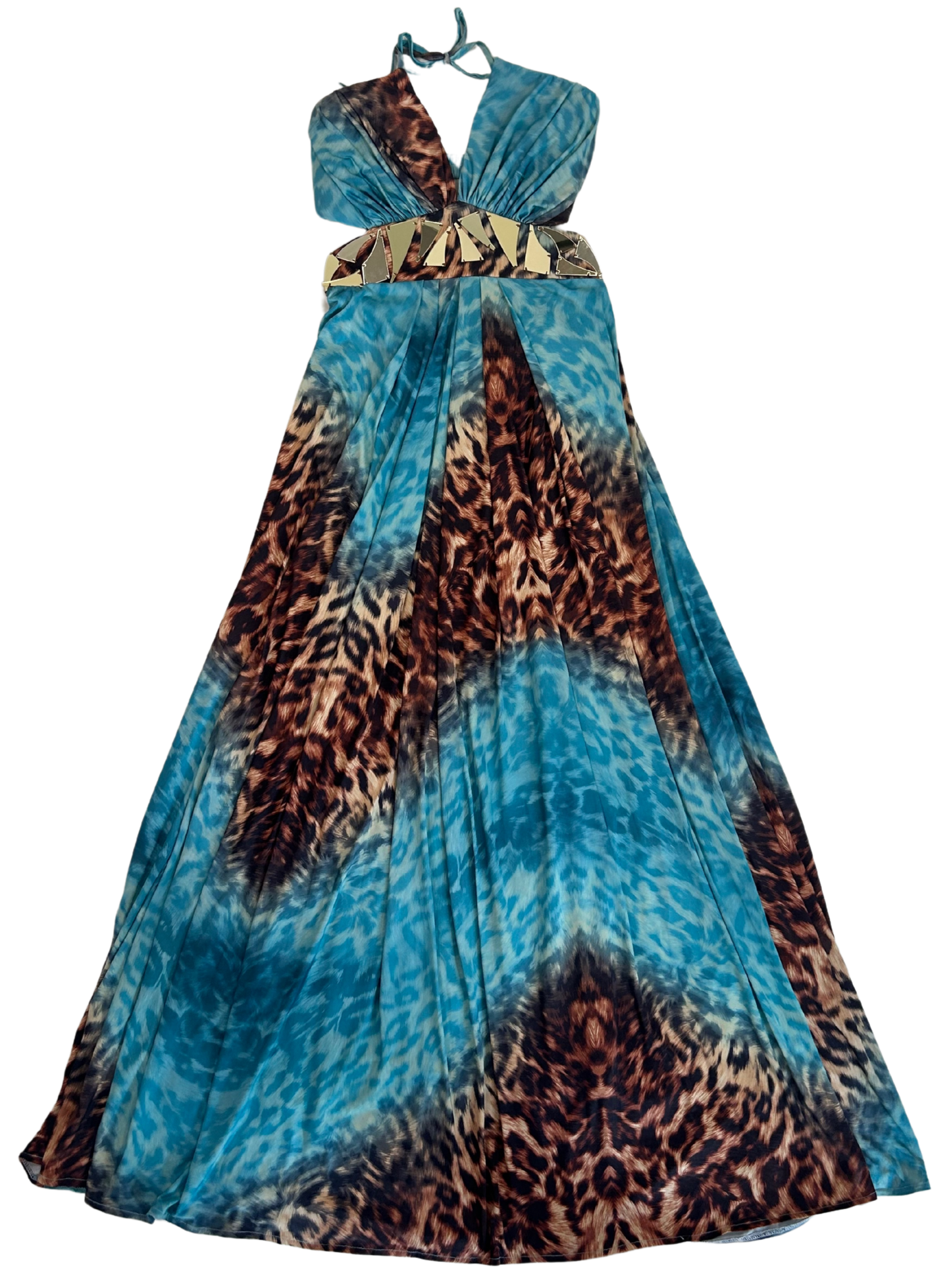 Roberto Cavalli Turquoise & Leopard Print Maxi Dress with Gold Mirror Waist Detail